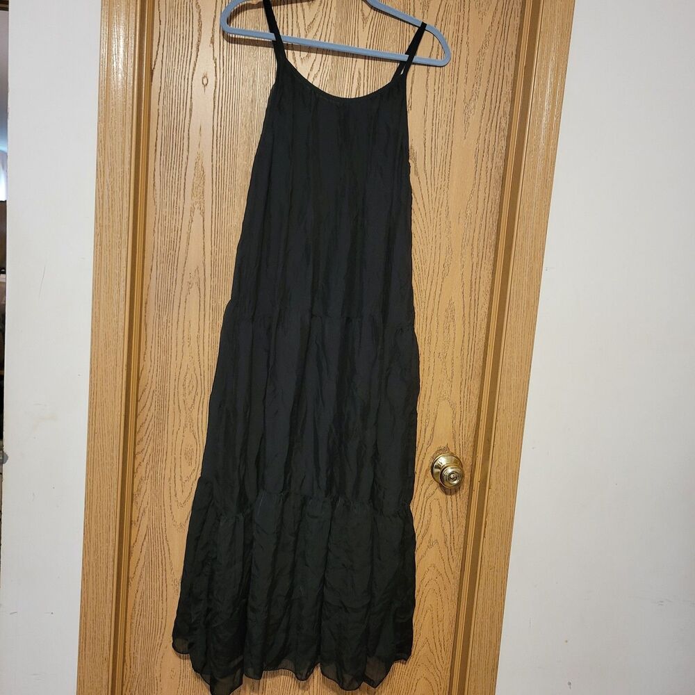 Bellambra Black Silk Blend Chiffon Maxi Dress  Layered Straps Scoop Neck Lined L